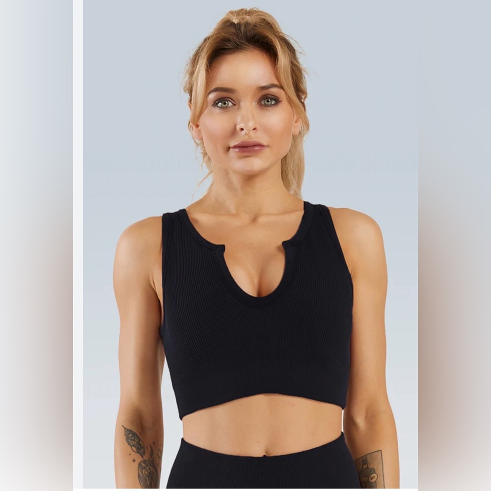 Black High Neck Ribbed Seamless Crop Tank Top Athletic Workout Yoga Medium
